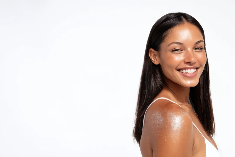 Smiling woman in white bikini showing tanned skin against white background