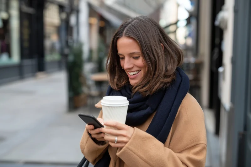Woman smiling while using smartphone and holding coffee cup on city sidewalk