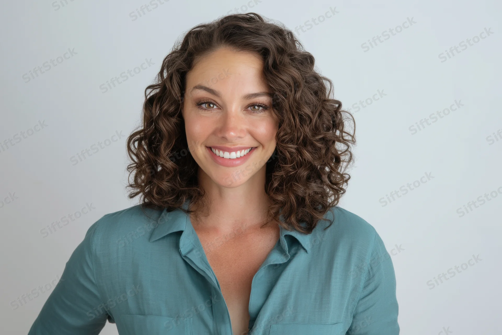 Smiling woman with shoulder-length curly brown hair wearing a teal collared shirt in a studio portrait