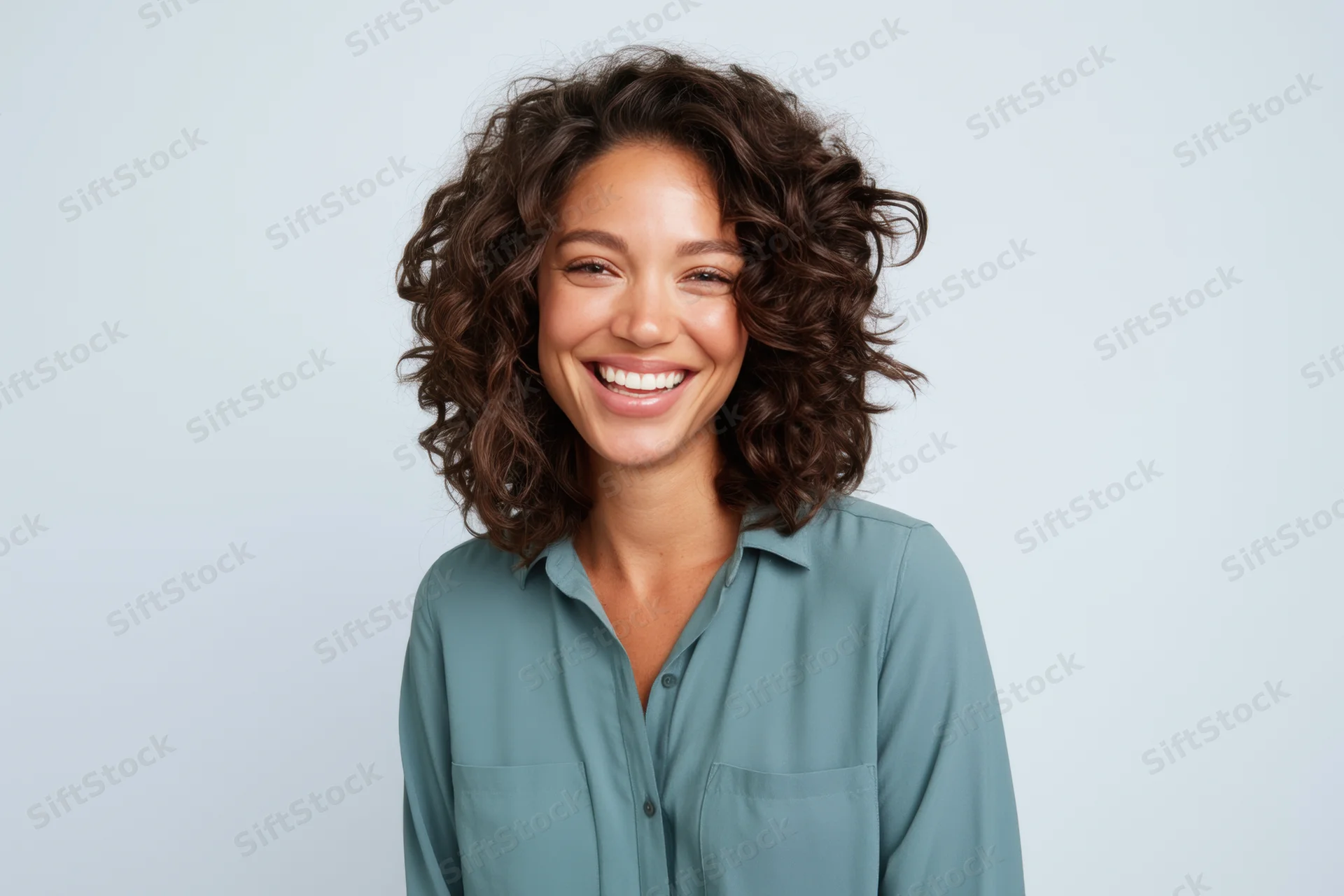 Smiling woman with shoulder-length curly brown hair wearing a teal blouse in a studio portrait