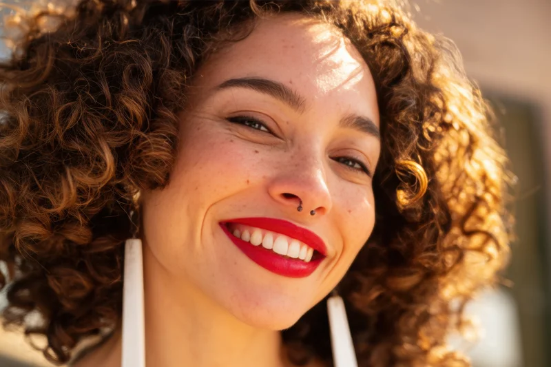 Closeup of a smiling woman with voluminous curly hair and bright red lips outdoors in sunlight
