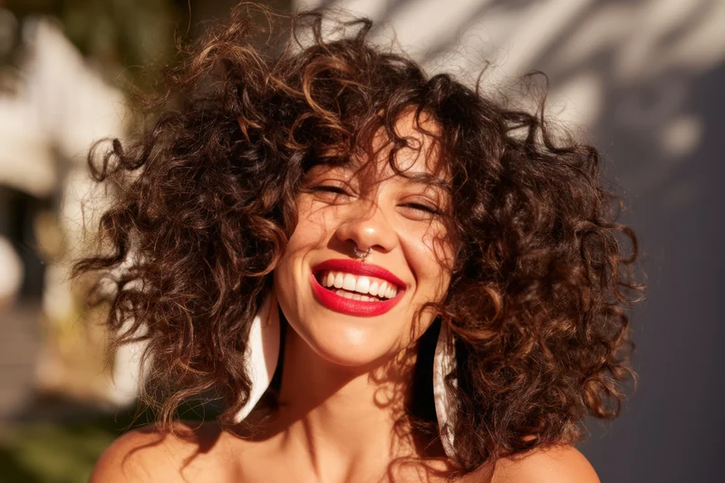 Smiling woman with voluminous curly hair and bright red lips outdoors in sunlight
