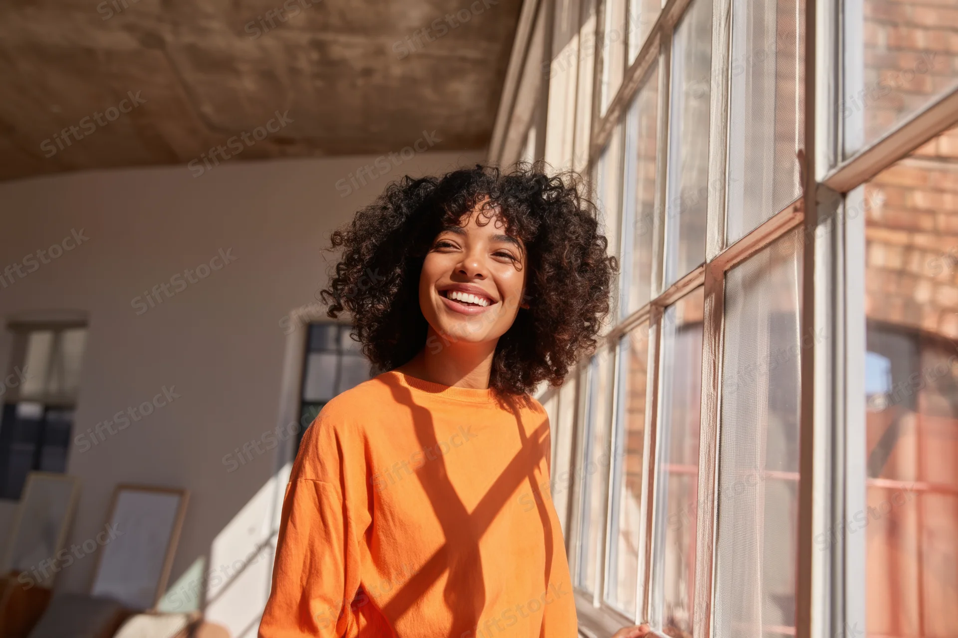 Young woman smiling by a window in a sunlit apartment interior
