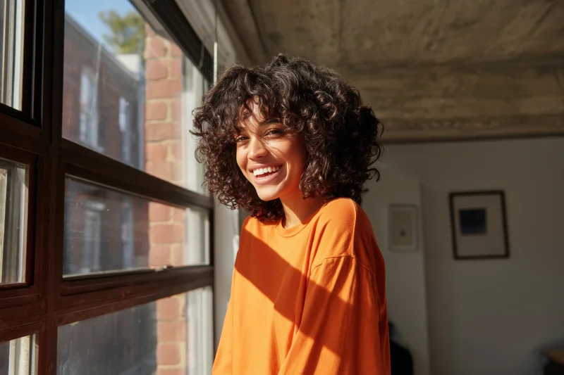 Young woman smiling by window in orange shirt inside apartment