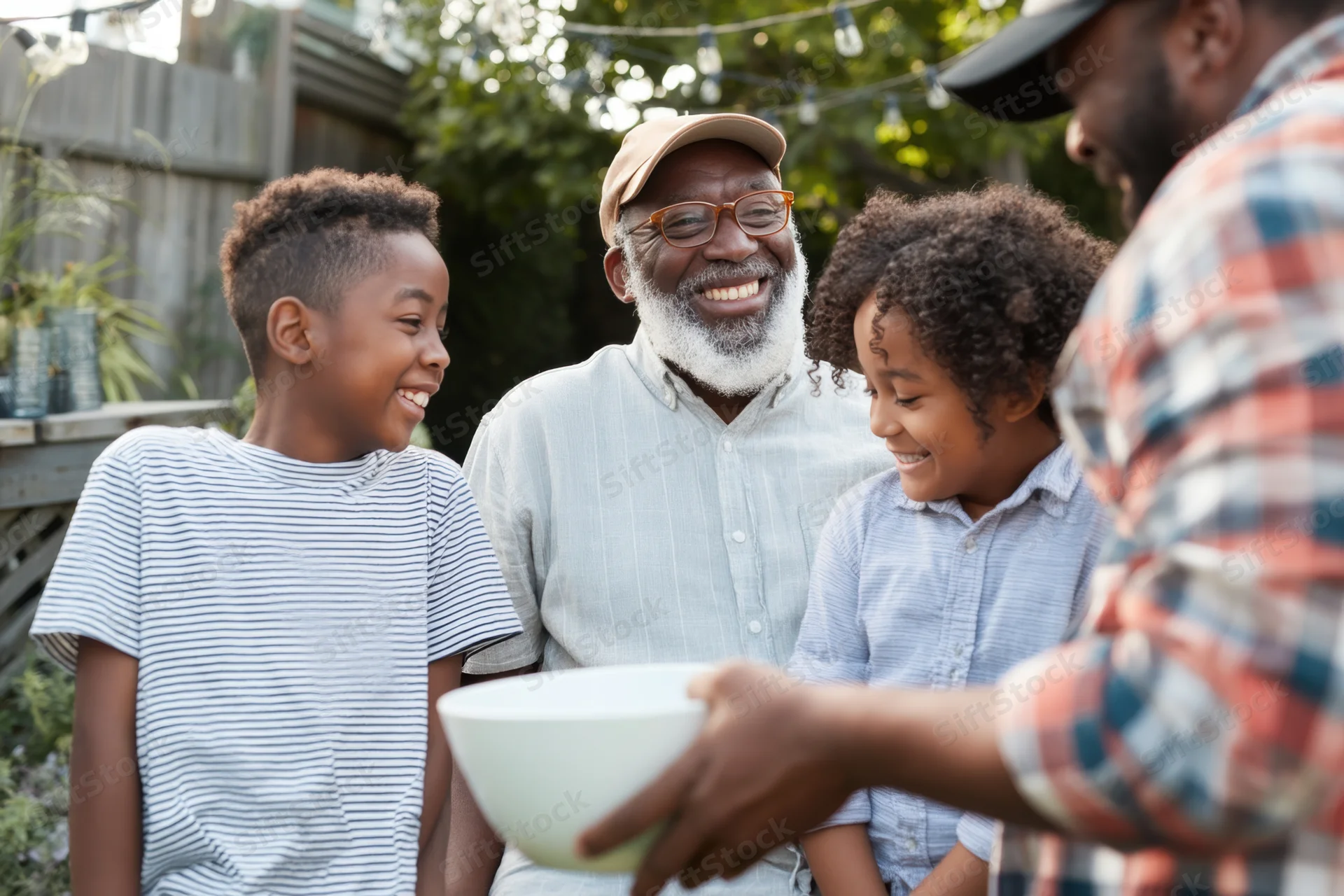 Grandfather smiling with grandchildren during backyard gathering