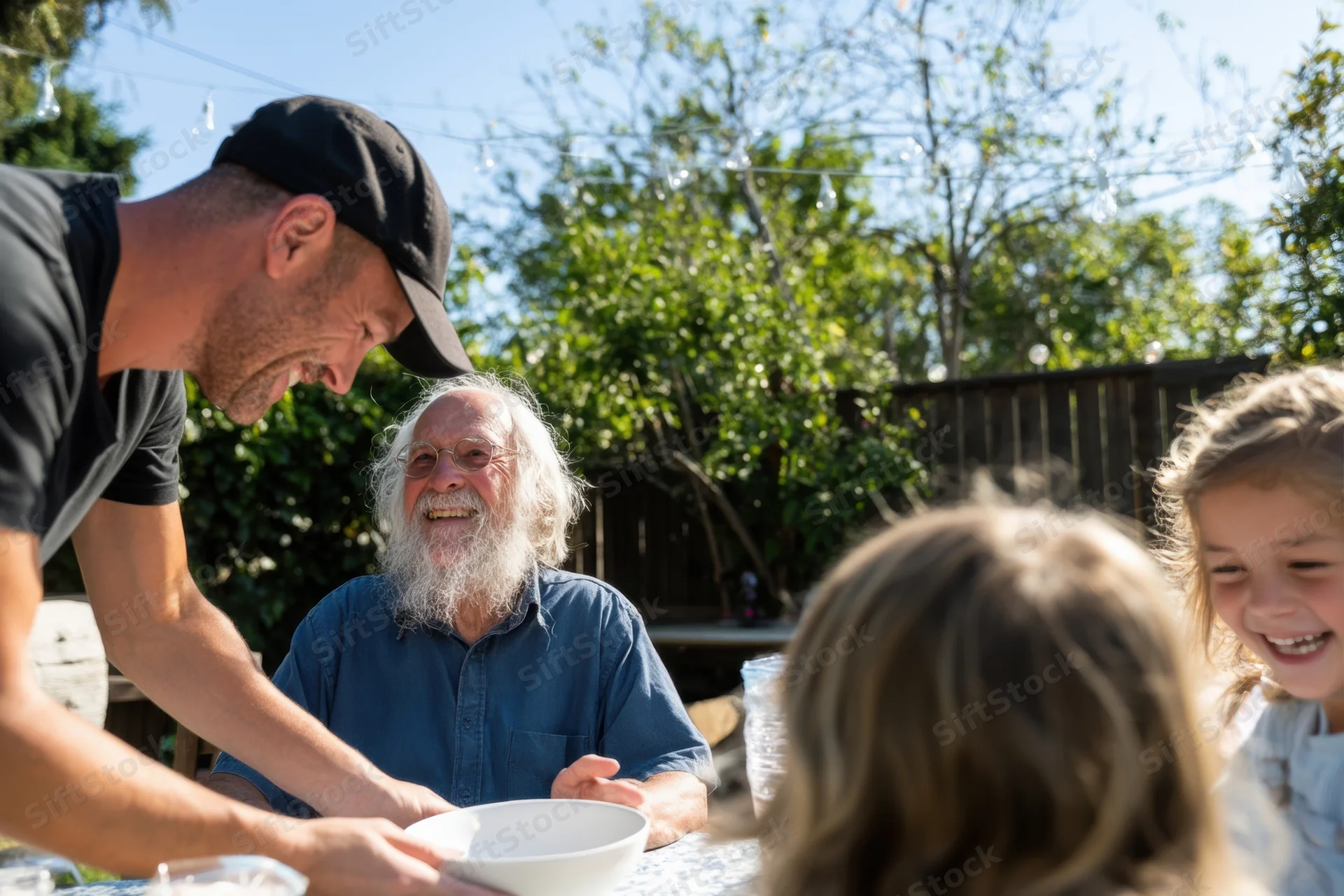 Elderly man with white beard smiling at children during backyard family gathering