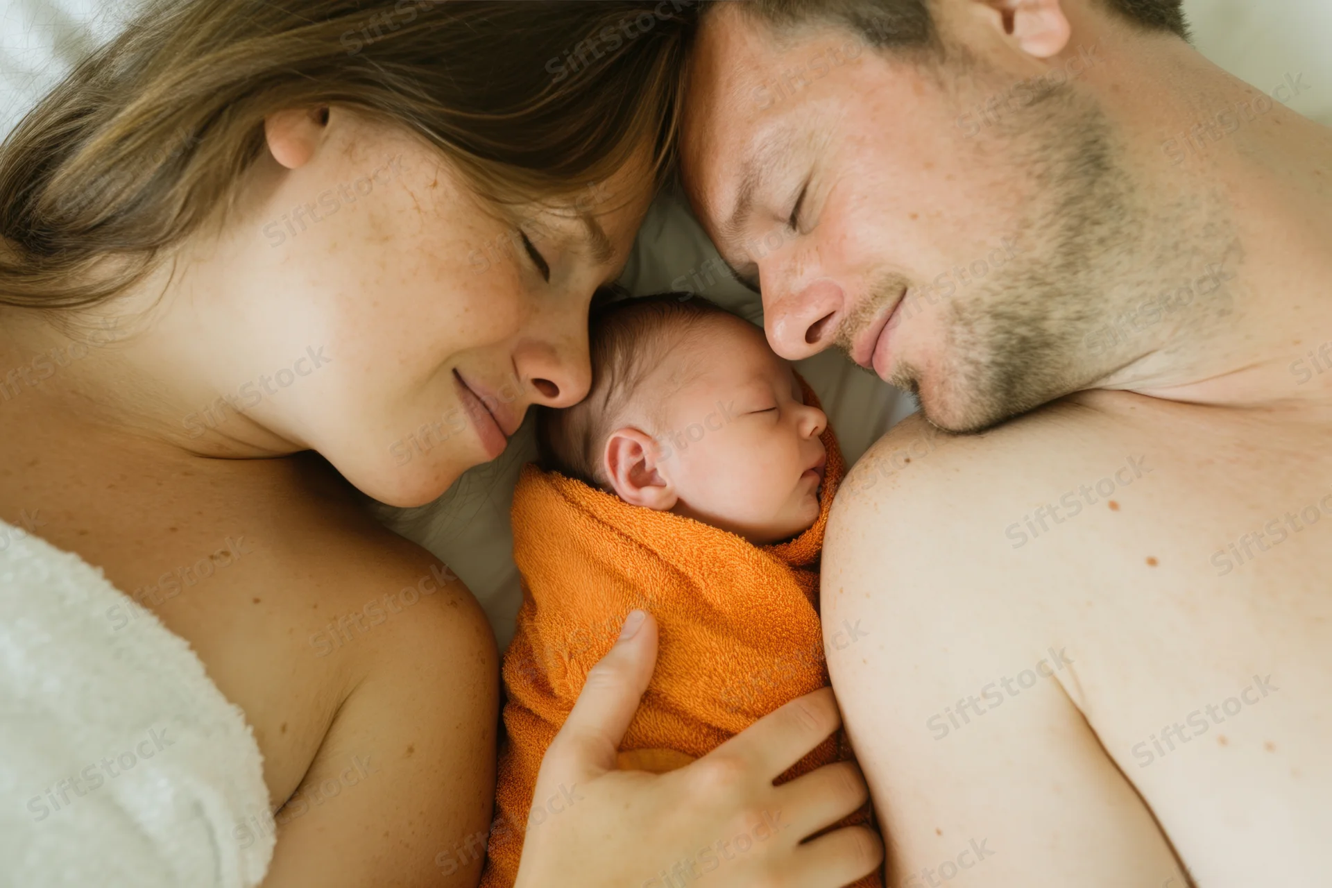 Mother and father sleeping closely with newborn baby cradled between them in bed