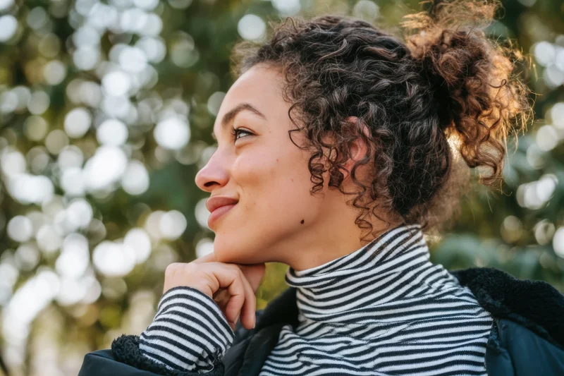 Woman with curly hair in a bun smiling thoughtfully outdoors in a striped turtleneck and jacket