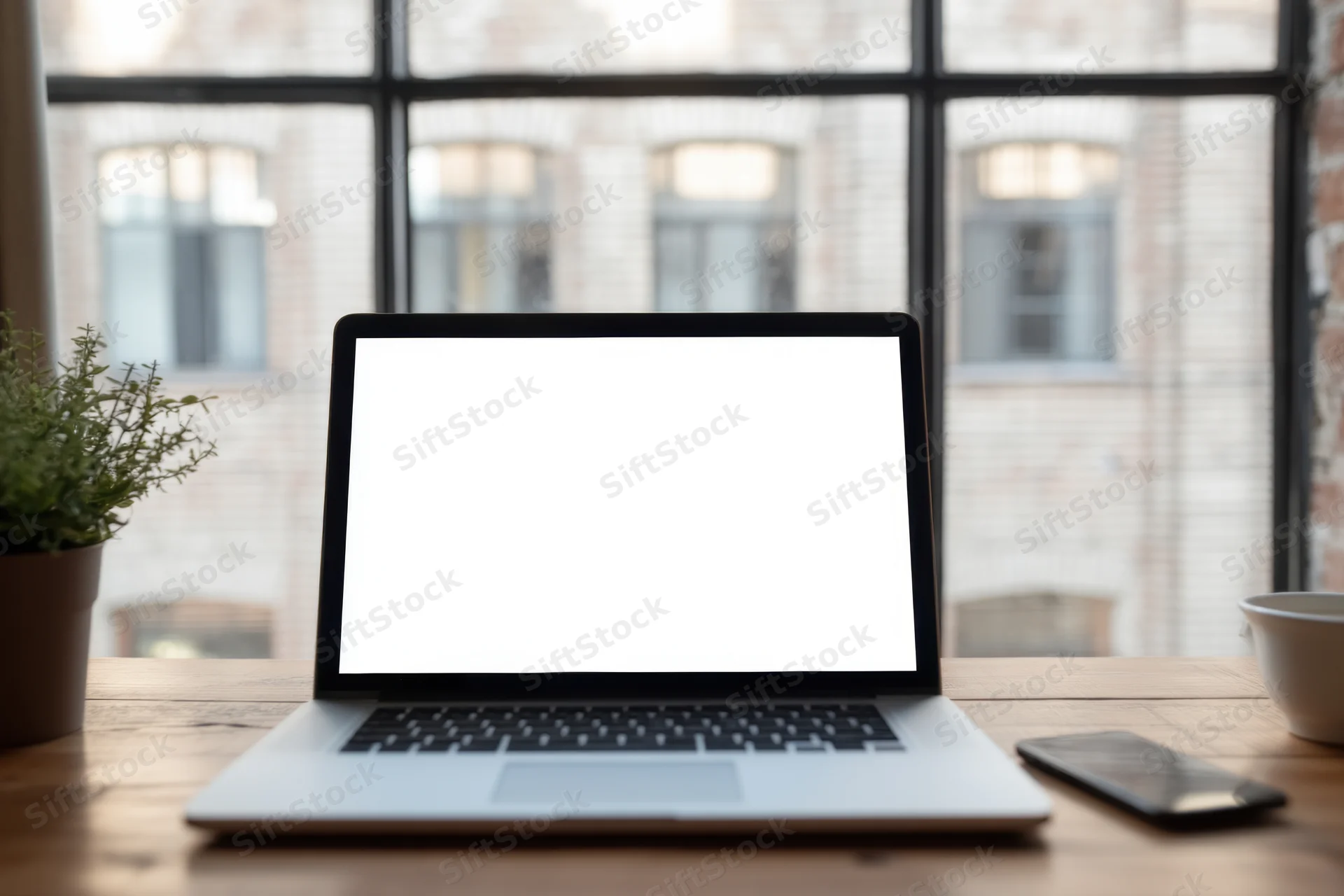 Silver laptop with blank white screen on wooden desk by window in modern office workspace