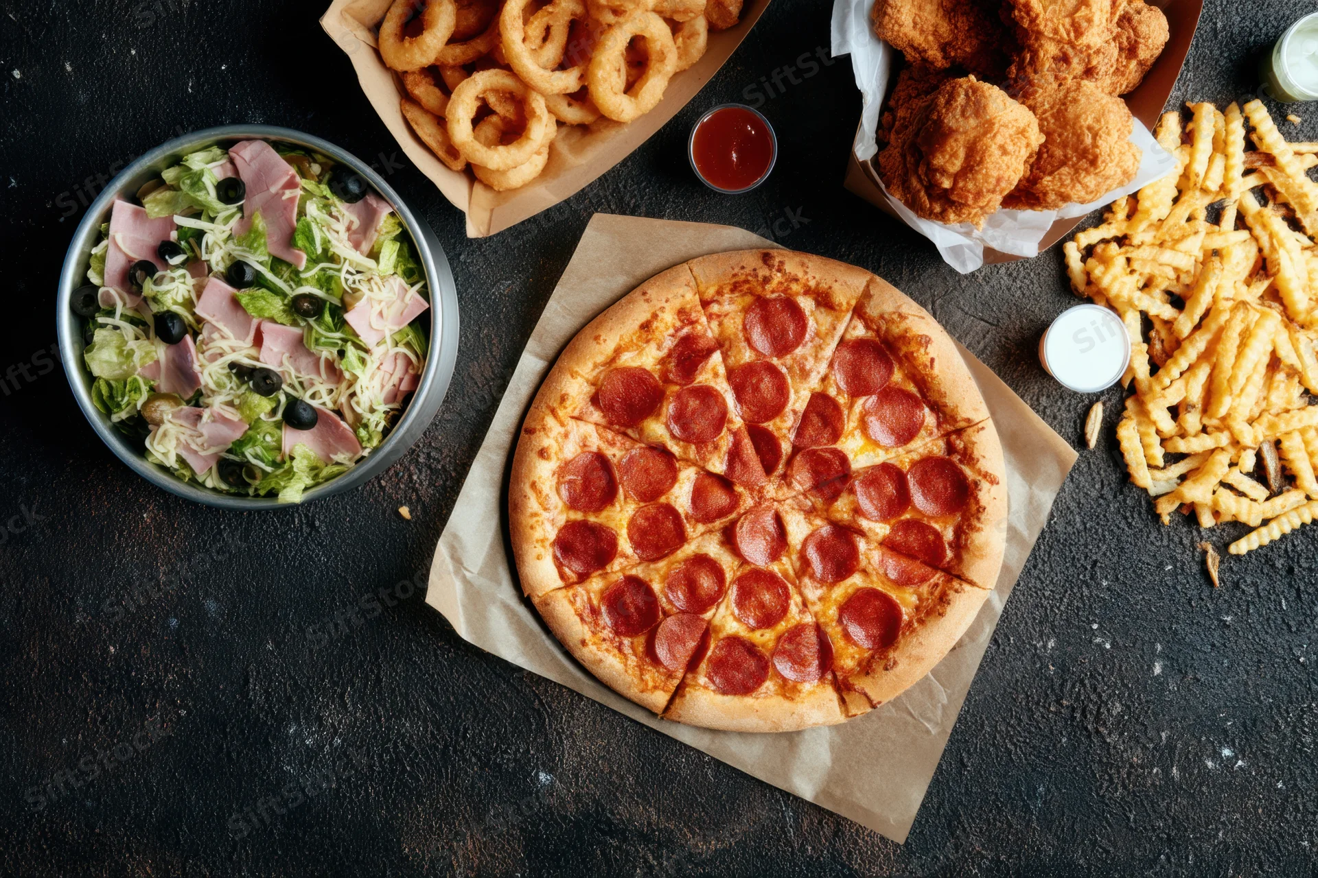 Top-down view of a fast food spread with pepperoni pizza, salad, onion rings, fries, and fried chicken on a dark textured surface