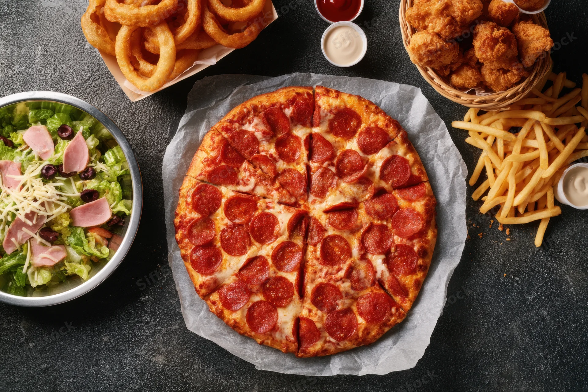 Pepperoni pizza with onion rings, fries, chicken nuggets and salad arranged on dark textured surface in top-down view