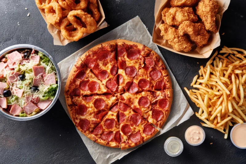 Top-down view of a pepperoni pizza with fried chicken, onion rings, french fries, and a ham salad on a dark textured surface