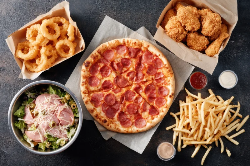 Top-down view of a pepperoni pizza with fries, onion rings, chicken nuggets, and a ham salad on a dark textured surface