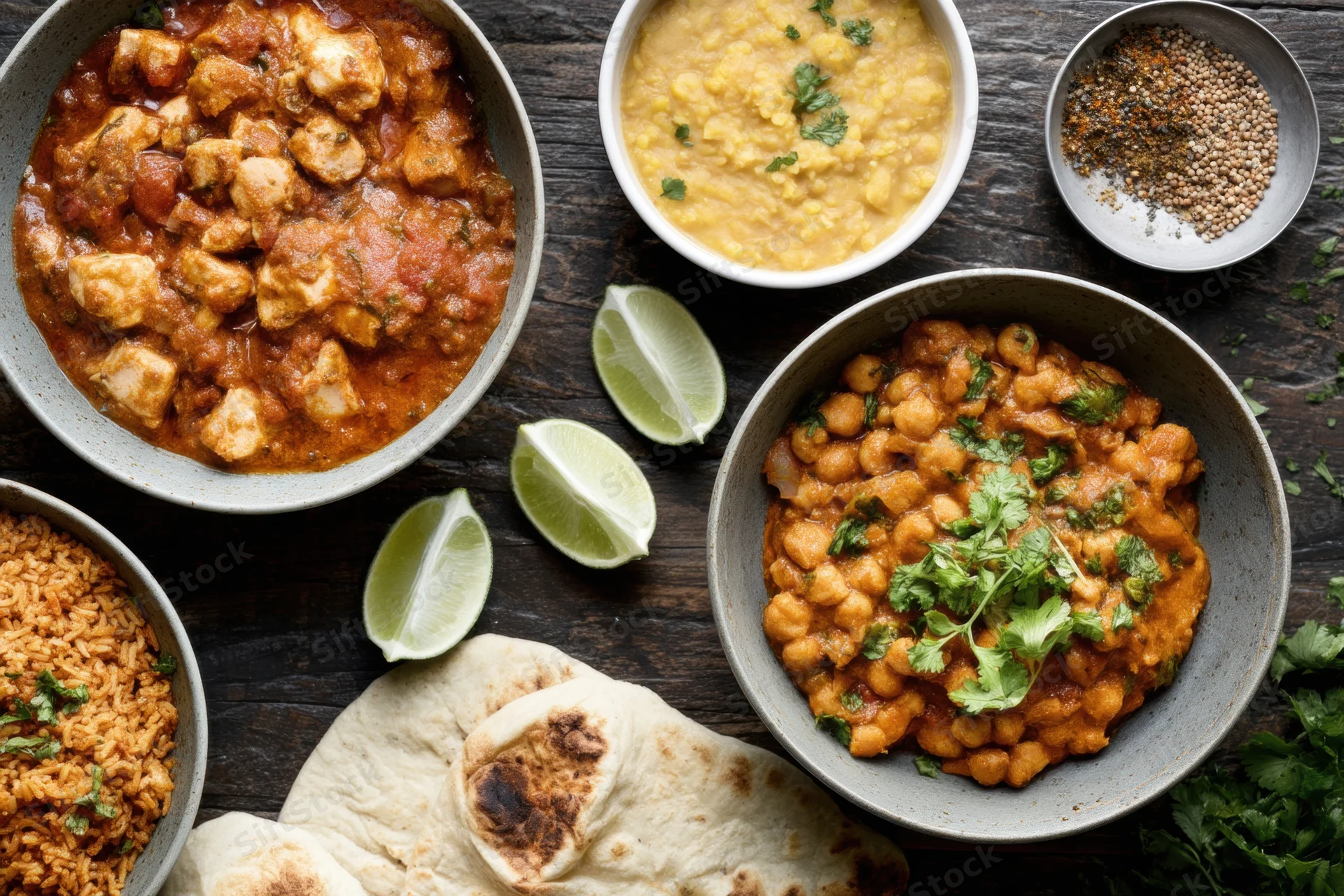 Indian food spread with curry, chickpea dish, lentil soup, rice, naan and lime on dark rustic wooden table