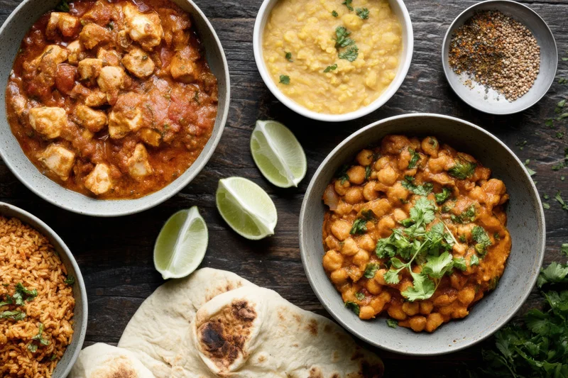 Indian food spread with curry, chickpea dish, lentil soup, rice, naan and lime on dark rustic wooden table