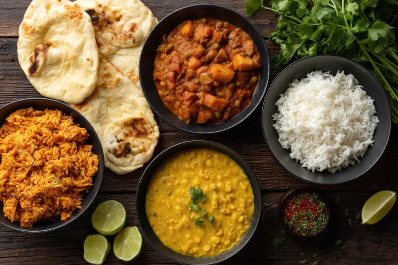 Indian food spread with curry, rice, naan, dal, and spices arranged on dark rustic wooden table