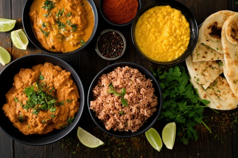 Indian food spread with curry, dal, rice, naan and spices on dark rustic wooden table
