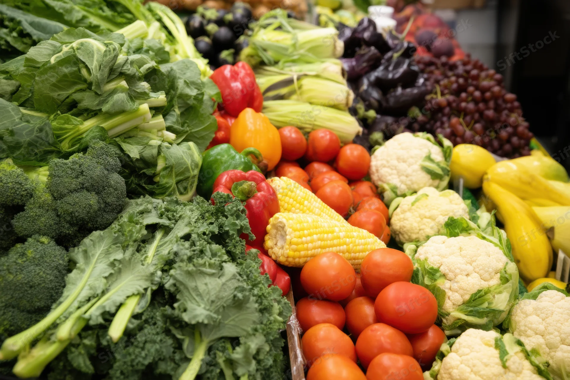 Vibrant market display of fresh vegetables and fruits arranged in colorful rows