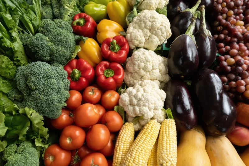 Vibrant market display of fresh vegetables and fruits arranged in colorful abundance