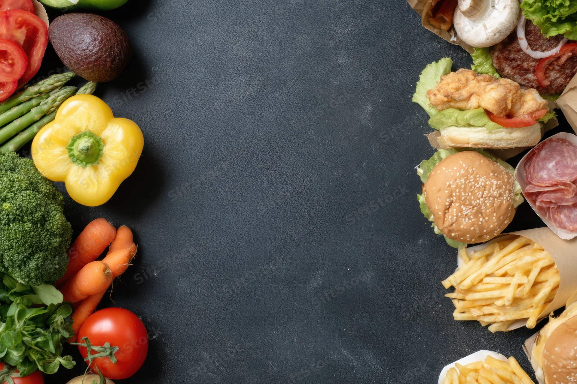 Fresh vegetables and fruits on left, fast food burgers and fries on right, arranged on dark surface with central copyspace
