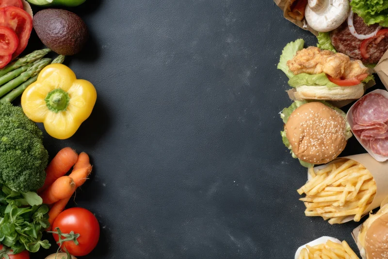Fresh vegetables and fruits on left, fast food burgers and fries on right, arranged on dark surface with central copyspace