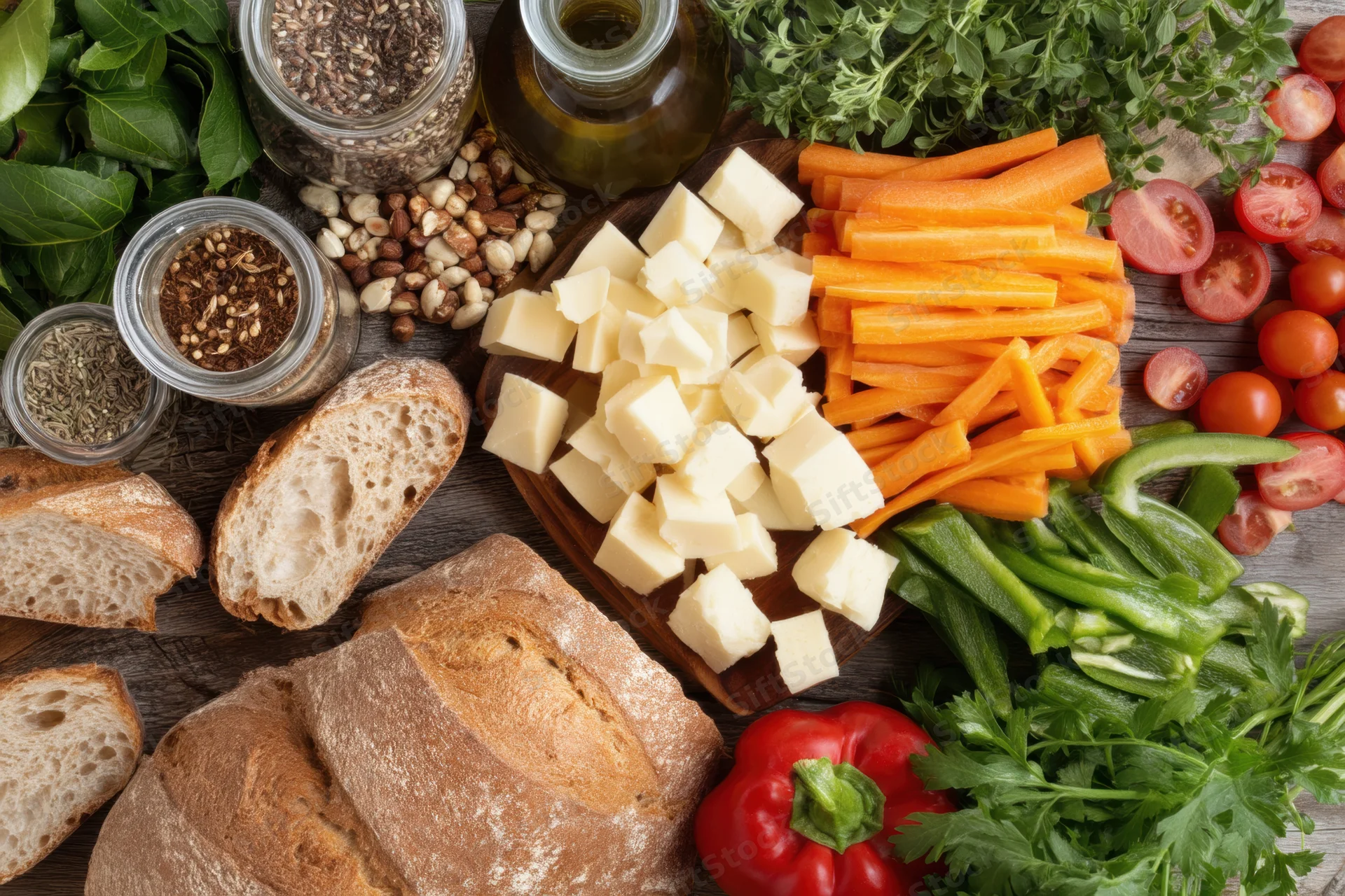 Rustic wooden table topped with bread, cheese, vegetables, herbs, nuts, and olive oil arranged for meal preparation