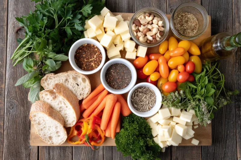 Assorted fresh foods and cheeses arranged on a wooden board with herbs and vegetables