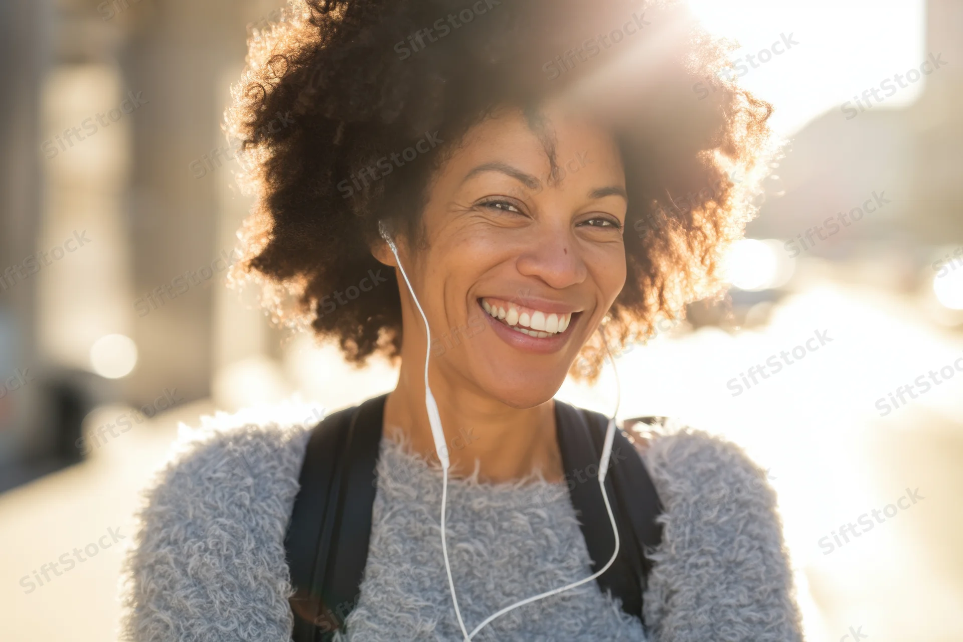 Smiling woman with voluminous curly afro wearing earphones and backpack outdoors in sunlight