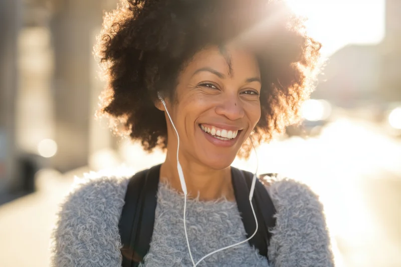 Smiling woman with voluminous curly afro wearing earphones and backpack outdoors in sunlight