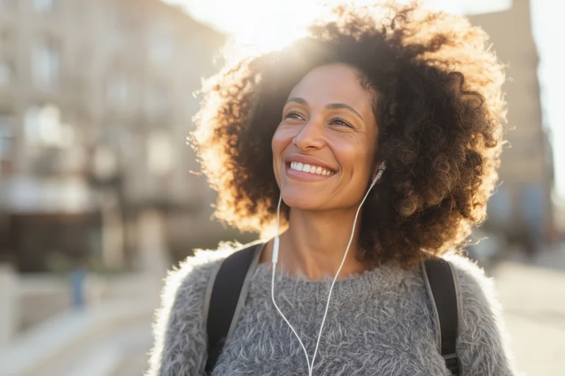 Woman with voluminous curly afro smiling outdoors in sunlight wearing earphones and backpack