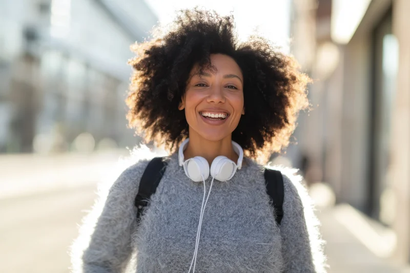 Woman with voluminous curly afro smiling outdoors on a sunlit city street