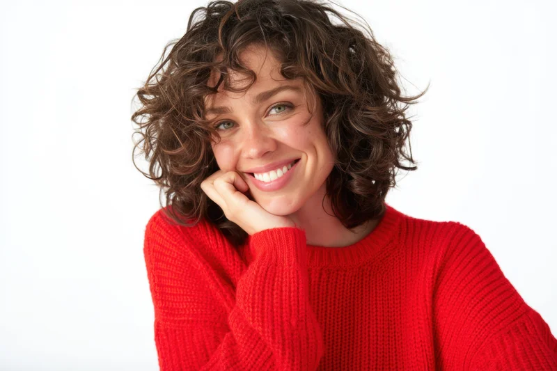 Woman with curly hair smiling and resting her chin on her hand in a red sweater against a white background