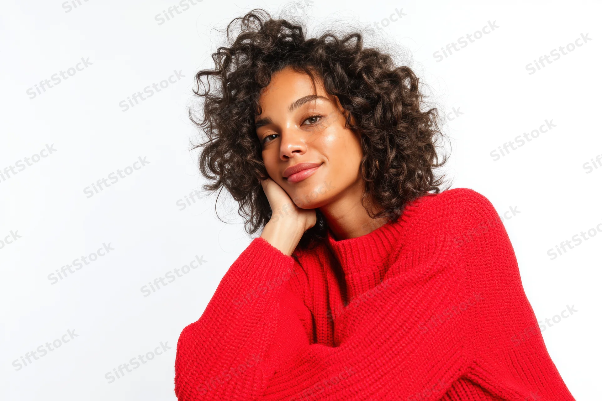 Woman with curly hair in red sweater smiling while resting chin on hand in studio setting
