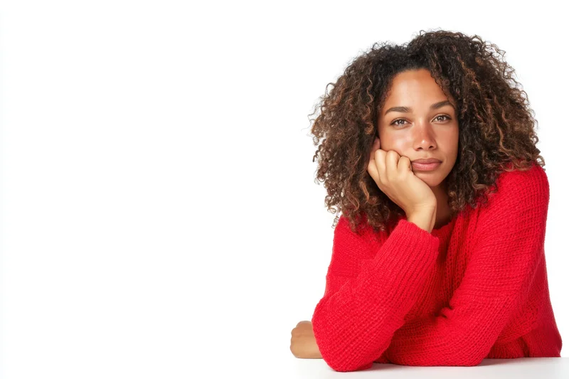 Woman with curly hair resting chin on hand in red sweater against white background