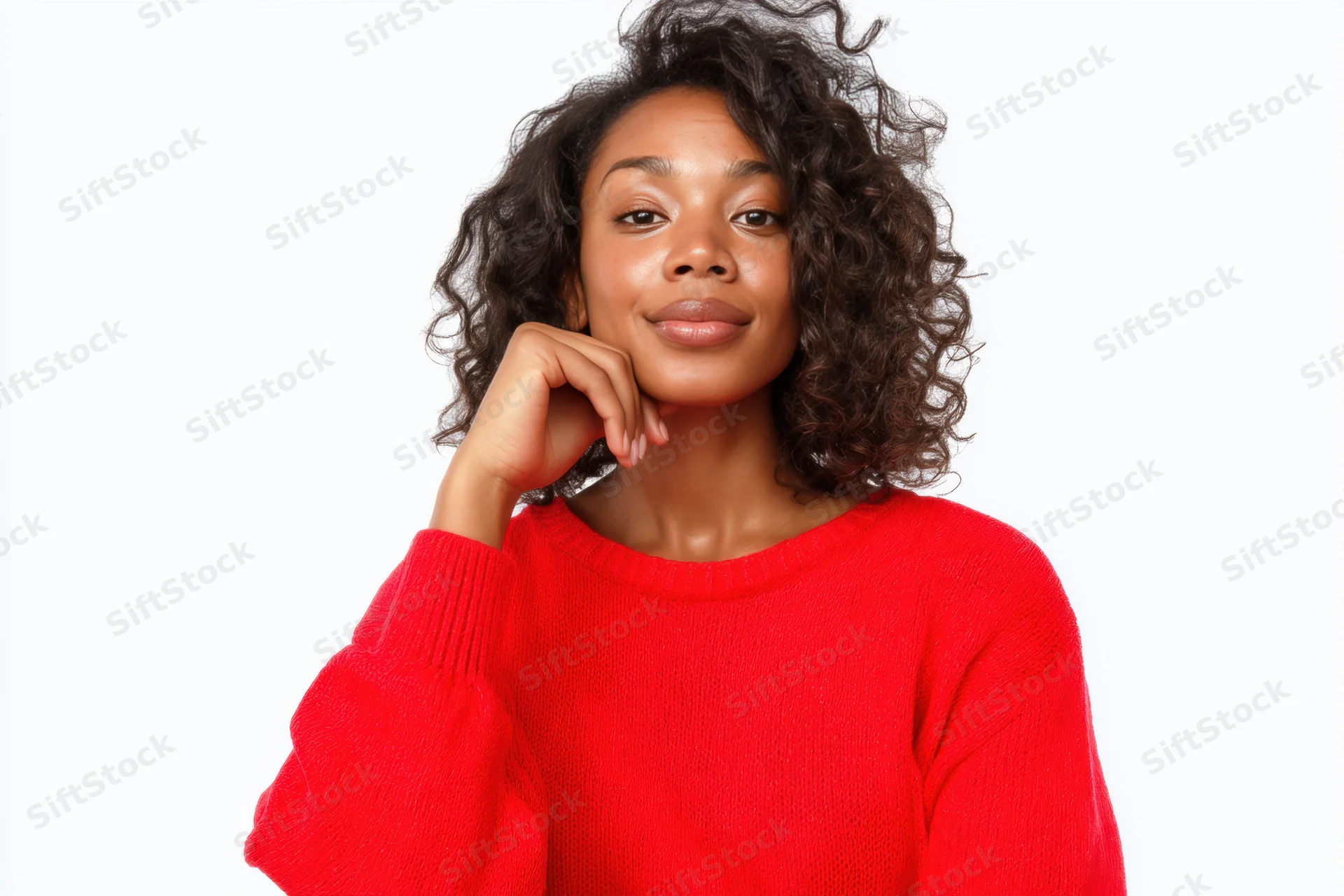 Young black woman with curly hair smiling in red sweater against white background