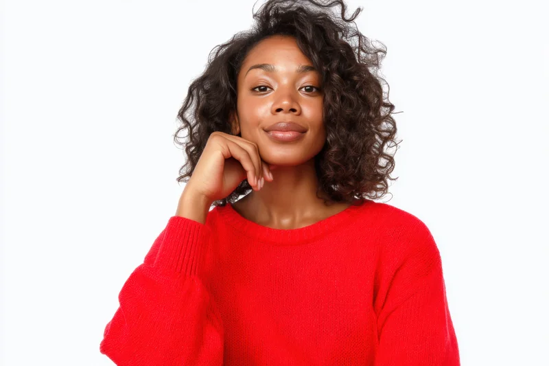 Young black woman with curly hair smiling in red sweater against white background