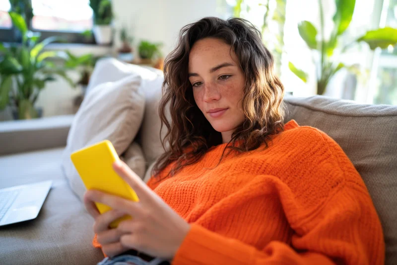 Woman in orange sweater scrolling on smartphone while relaxing on couch at home