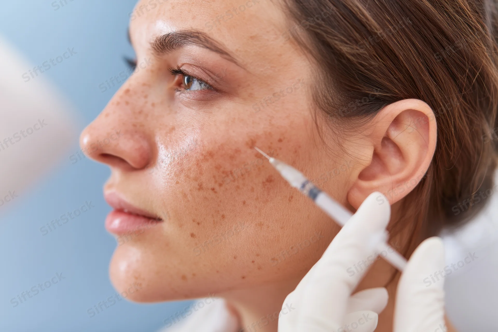 Woman receiving cosmetic injection on face in clinic