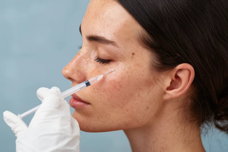 Woman receiving cosmetic injection on face in clinic profile view