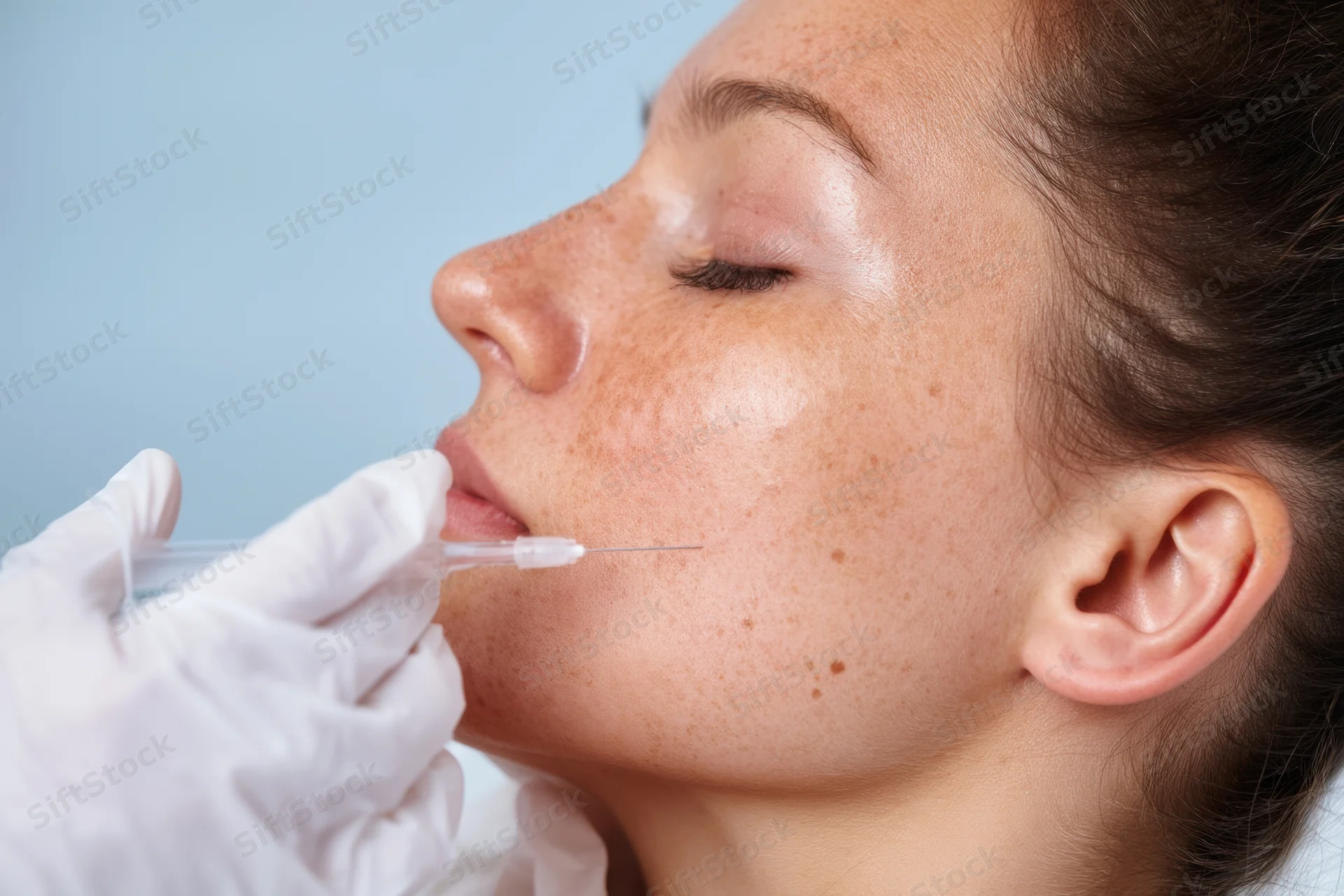 Woman receiving cosmetic injection on face in clinic setting
