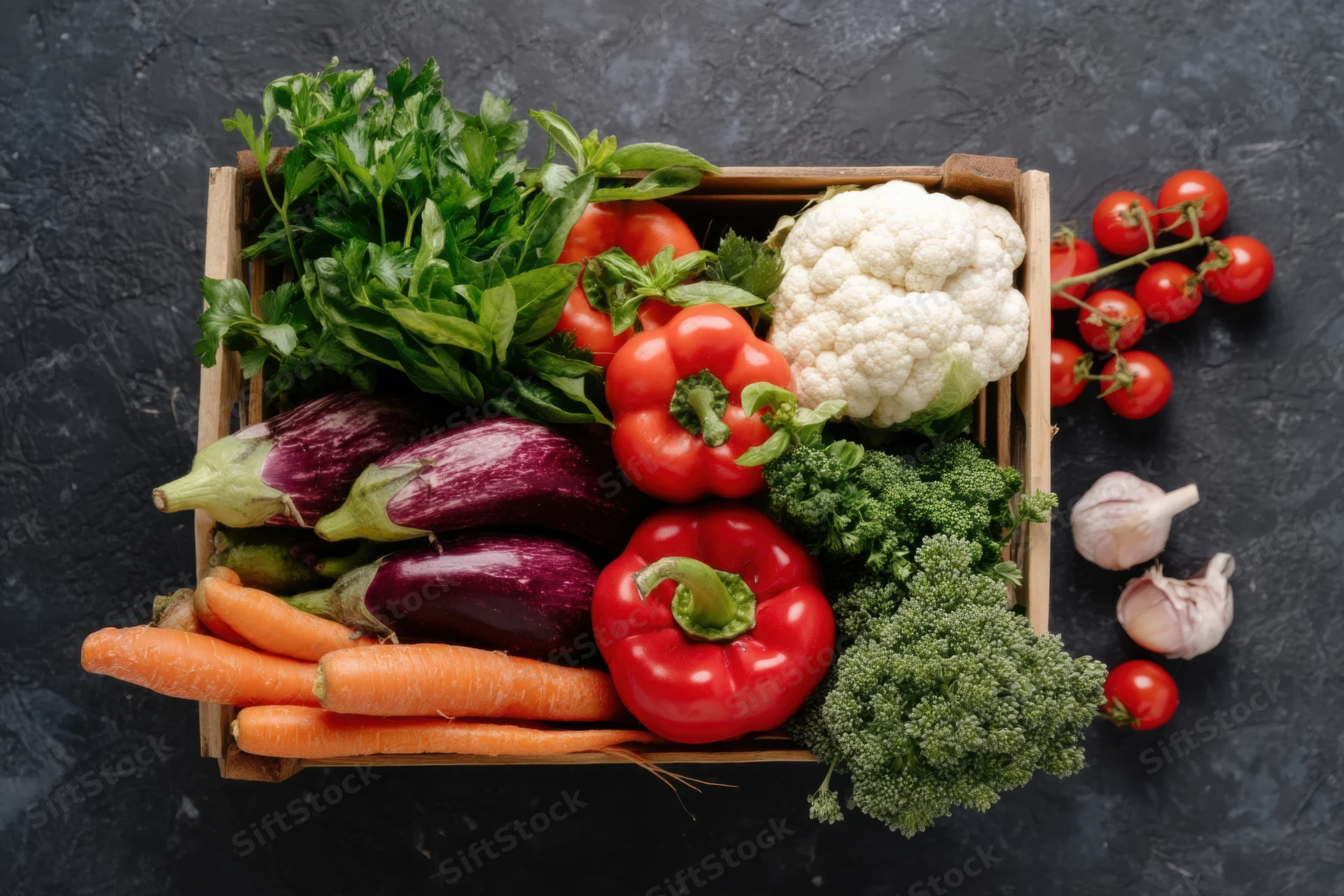 Wooden crate filled with fresh vegetables on dark surface