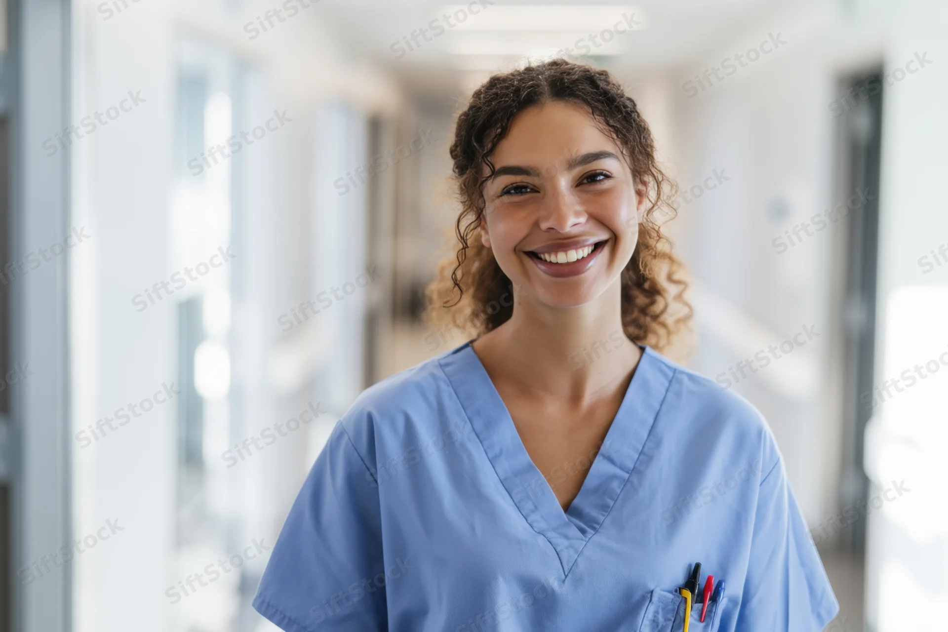 Young woman in light blue scrubs smiling in a bright hospital hallway