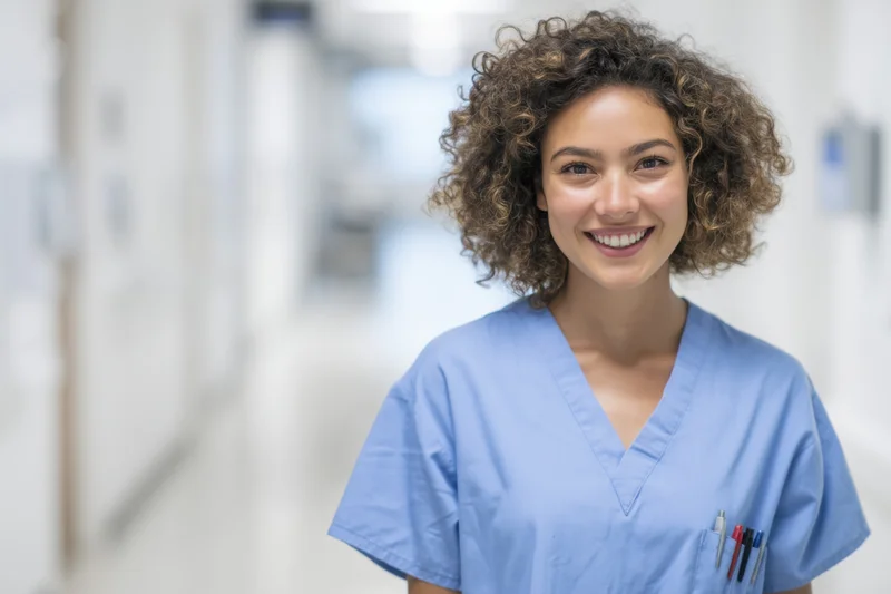 Young woman in light blue scrubs smiling in a hospital hallway