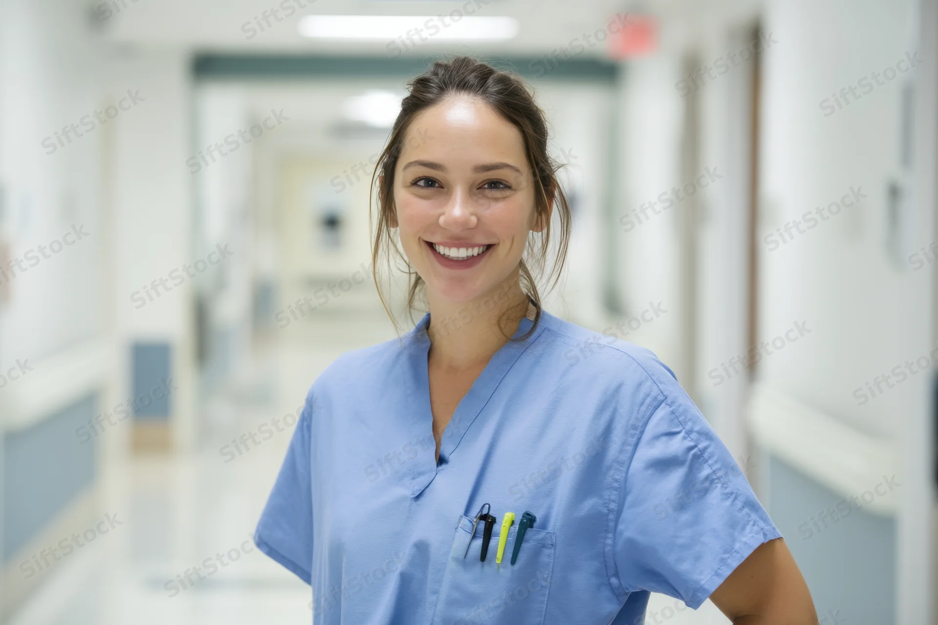Young nurse in light blue scrubs smiling in a hospital corridor