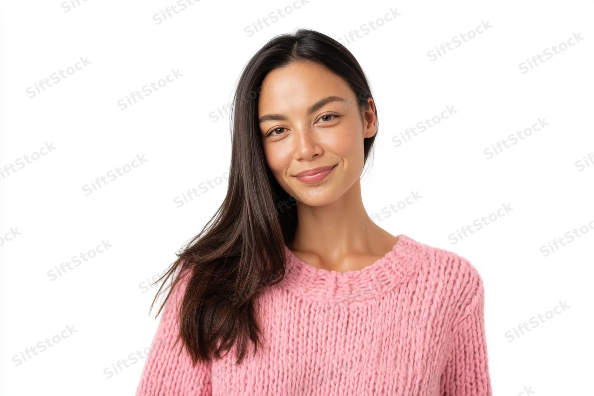 Young woman smiling in pink knit sweater against white background