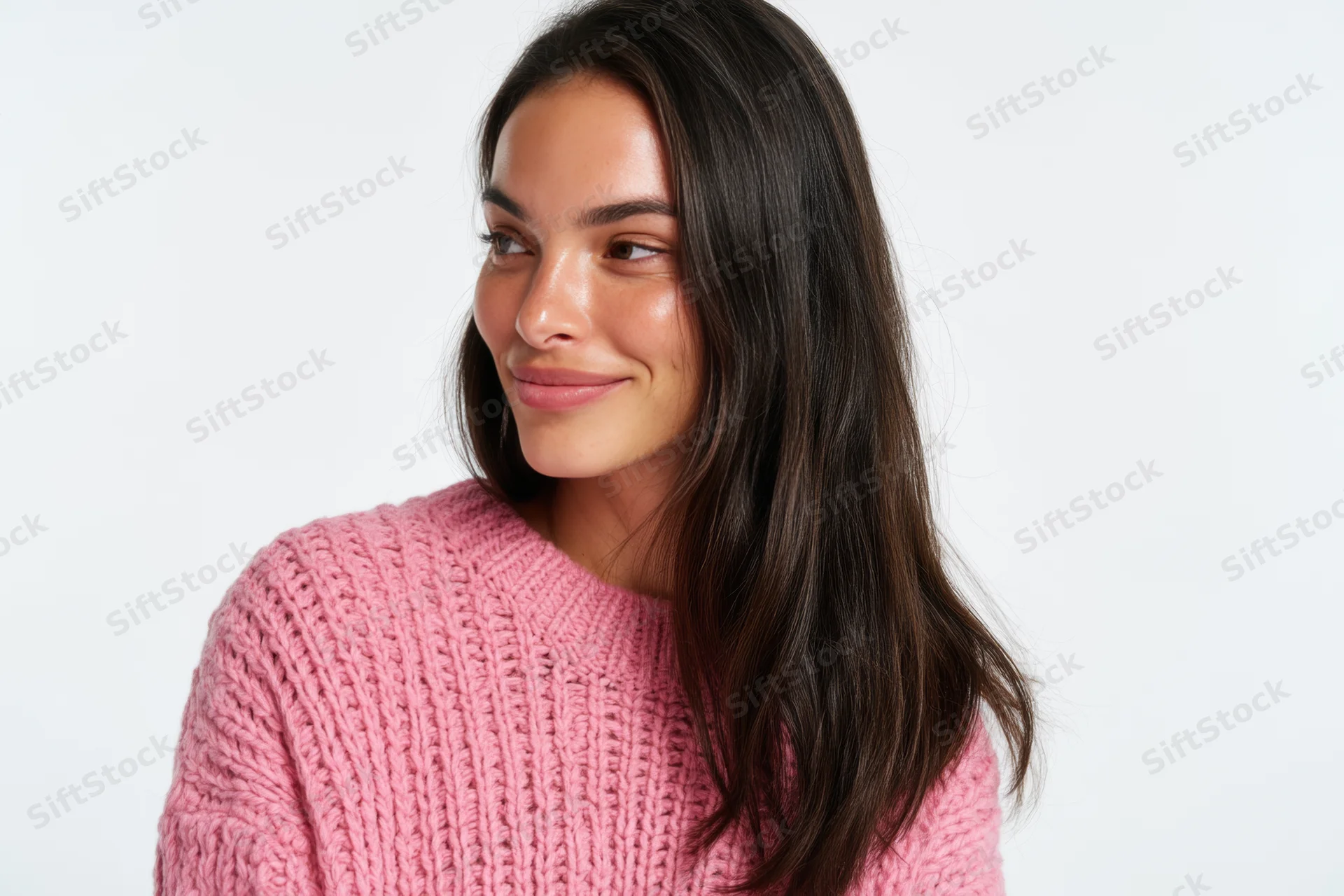 Young woman smiling in pink knit sweater against white background