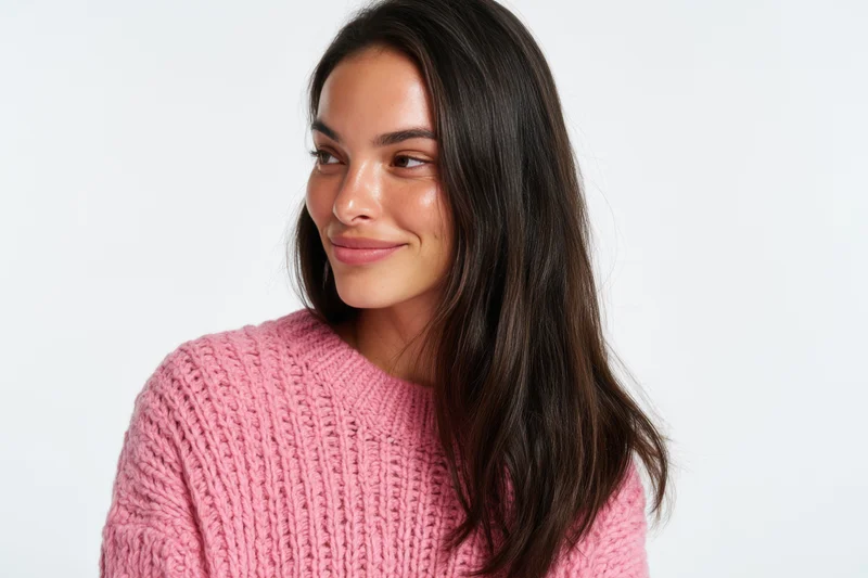Young woman smiling in pink knit sweater against white background