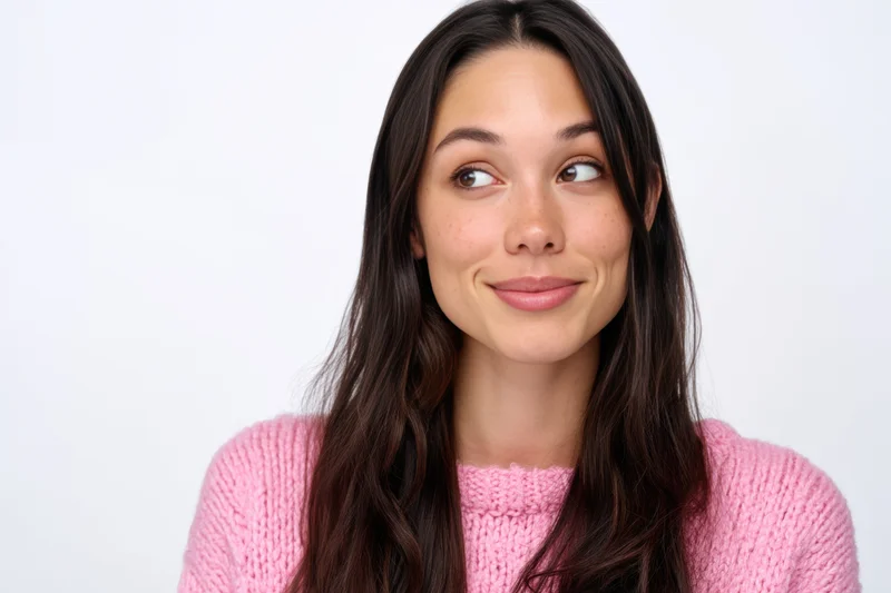 Young woman smiling with long dark hair wearing pink knit sweater in studio portrait
