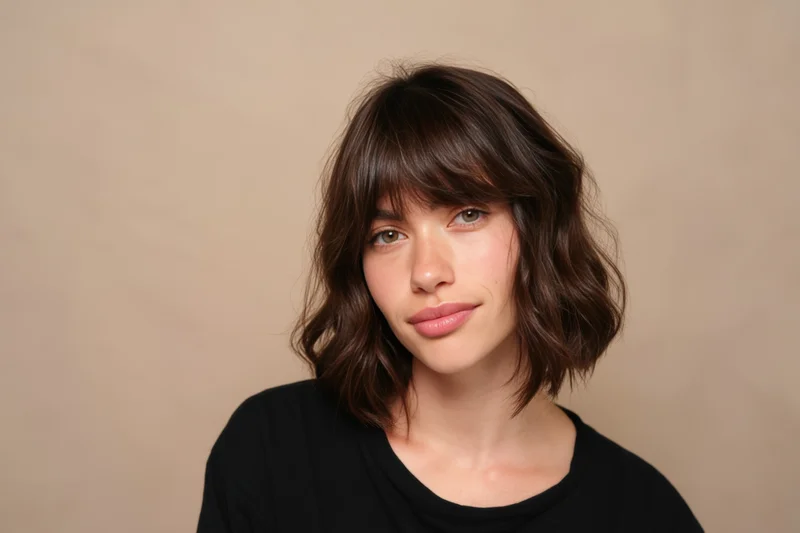 Young woman with shoulder-length wavy brown hair and bangs, wearing black top, looking directly at camera in studio setting