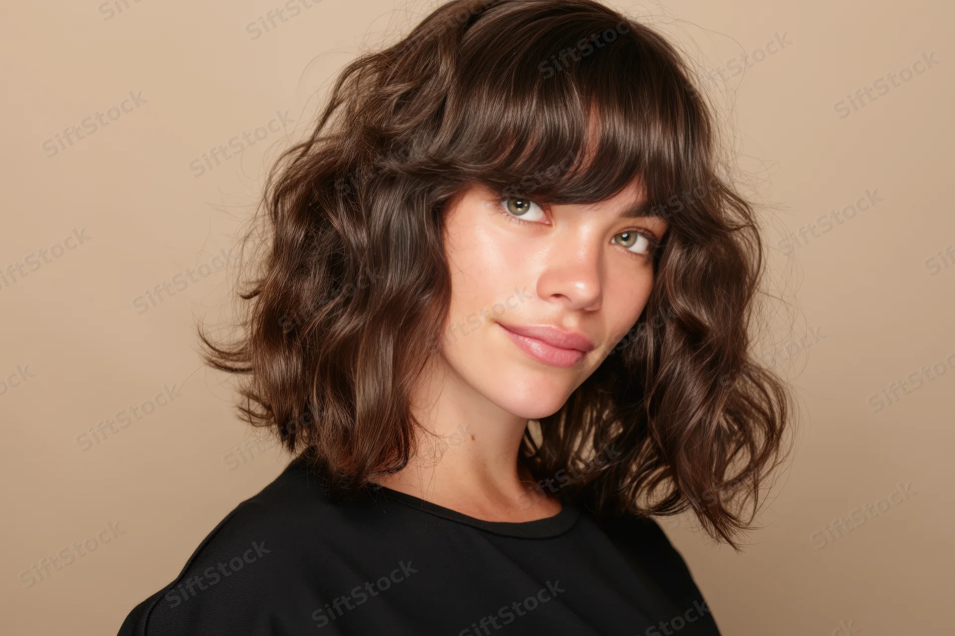 Young woman with shoulder-length wavy brown hair and bangs posing in studio, wearing black top, looking at camera with soft expression